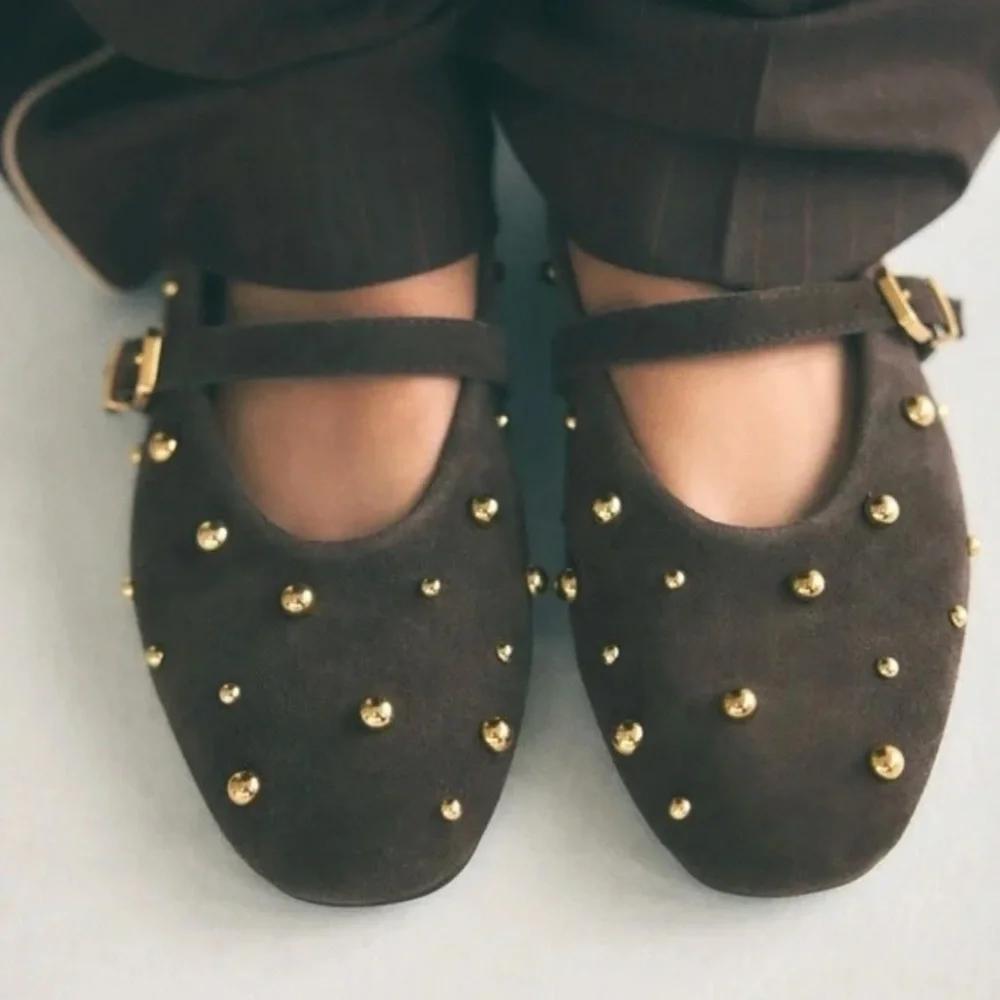 Zara Brown suede gold stud studded Mary Jane flats. Excellent condition! - Picture 6 of 8
